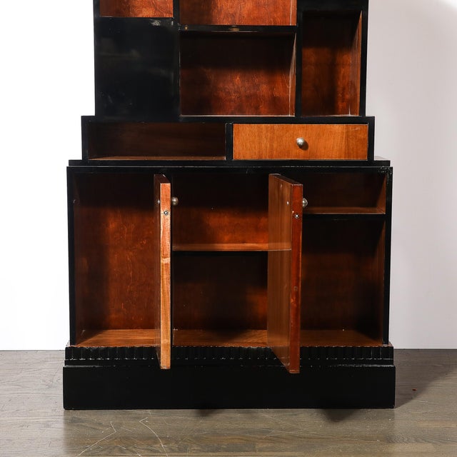 1930s 1930s Art Deco Walnut & Black Lacquer Skyscraper Style Bookshelf With Chrome Pulls For Sale - Image 5 of 12