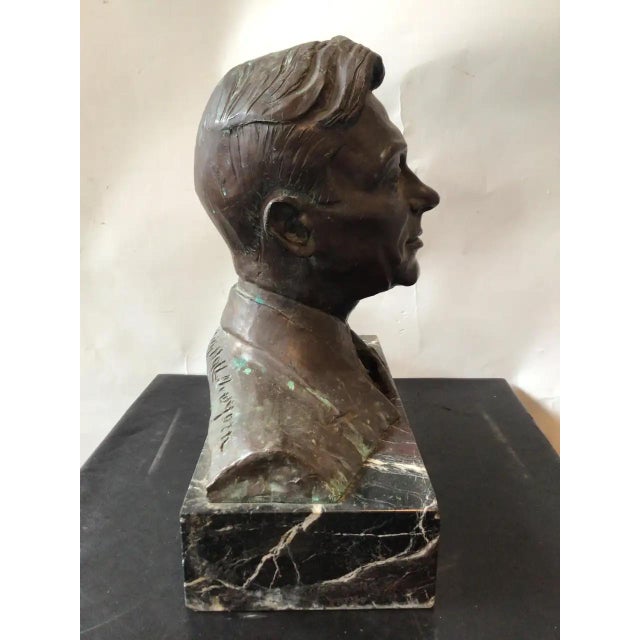 Stone Antique Bronze Bust of Jimmy Walker on Marble Base Signed by Artist For Sale - Image 7 of 13