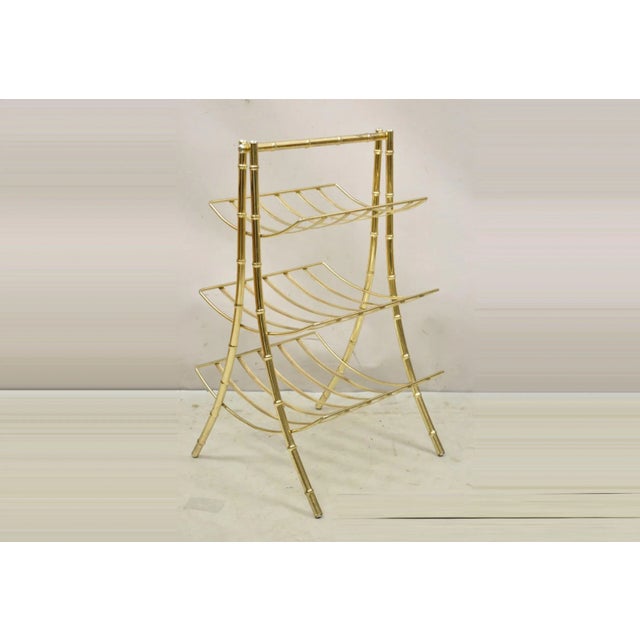 Late 20th Century Vintage Gold Metal Faux Bamboo 3 Tier Hollywood Regency Magazine Rack Stand For Sale - Image 11 of 11