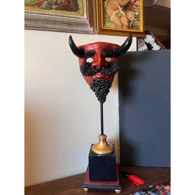 Wood Rare Vintage Decorative Hand Carved & Painted Sculptural Display Mask Representing a Devil For Sale - Image 7 of 13