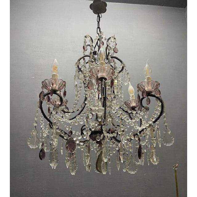 Vintage Italian Crystal Beaded Chandelier with Lilac Glass Bobeches, 1960s For Sale - Image 13 of 18