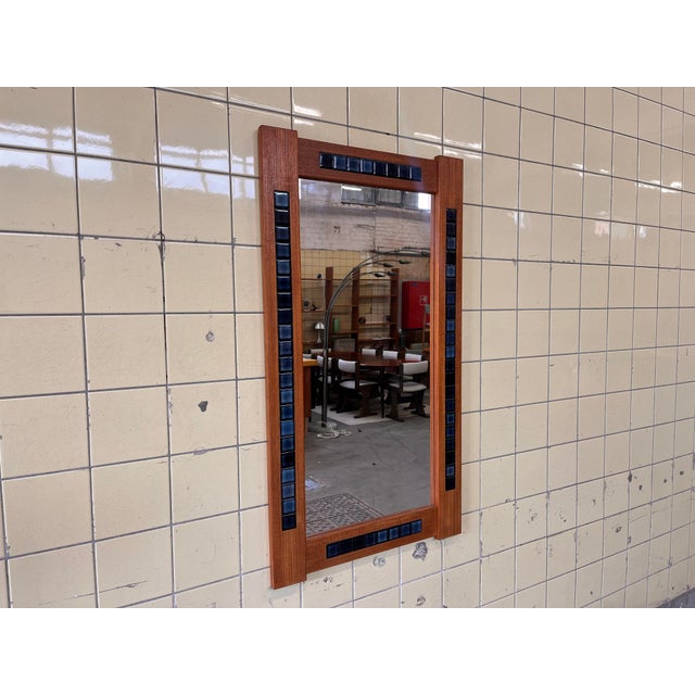 Large Danish Mirror with Teak Frame and Blue Tile Inlay, 1960 For Sale - Image 6 of 6