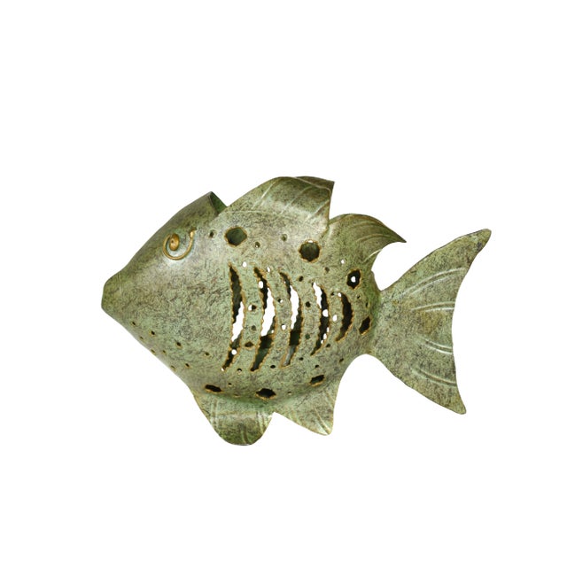Cutout Metal Green Gold Fish Tealight Candle Holder For Sale