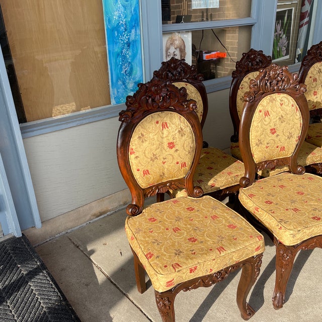 Mid-Late 20th Century Vintage Rococo Revival Carved Accent Chairs in Yellow-Gold Floral Damask - 8 Pieces For Sale In Washington DC - Image 6 of 12
