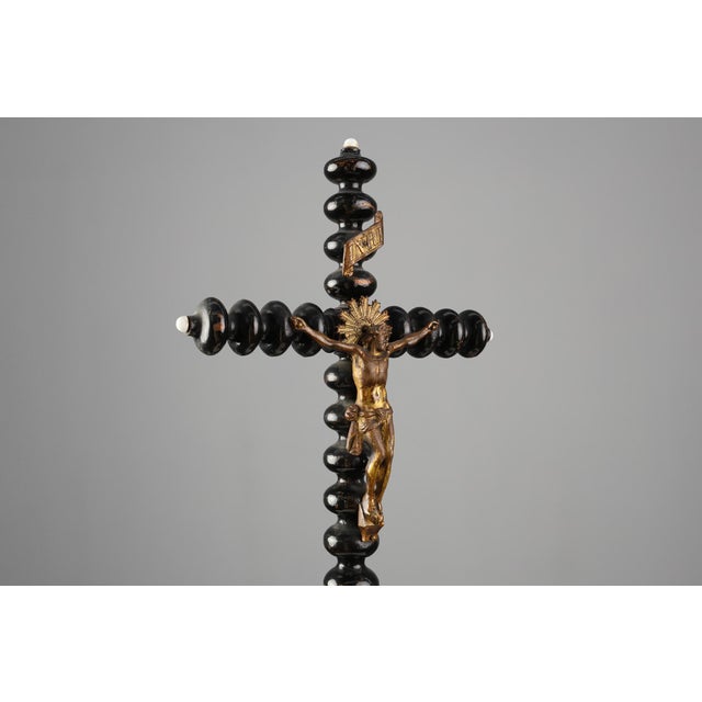 Black Antique French Wood and Brass Crucifix, 1800s For Sale - Image 8 of 14