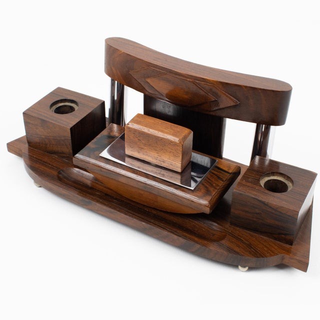 Art Deco Desk Accessory, Macassar Wood and Metal Inkwell and Blotter For Sale - Image 9 of 15