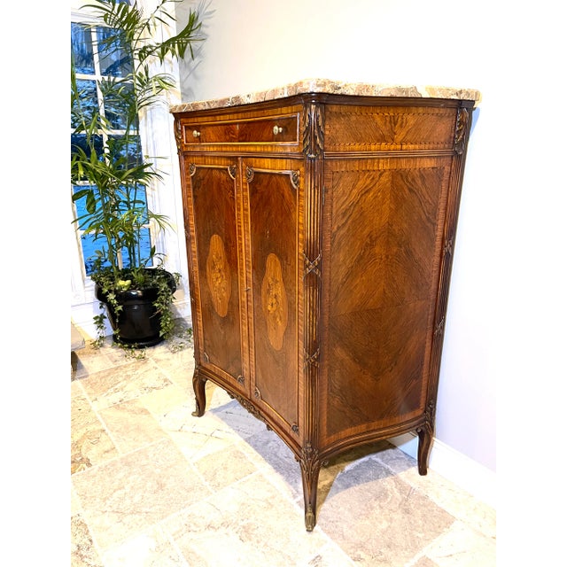 Early 1900s French Louis XV Satinwood Inlaid Marble Top Tall Chest Wardrobe Dresser For Sale - Image 4 of 12