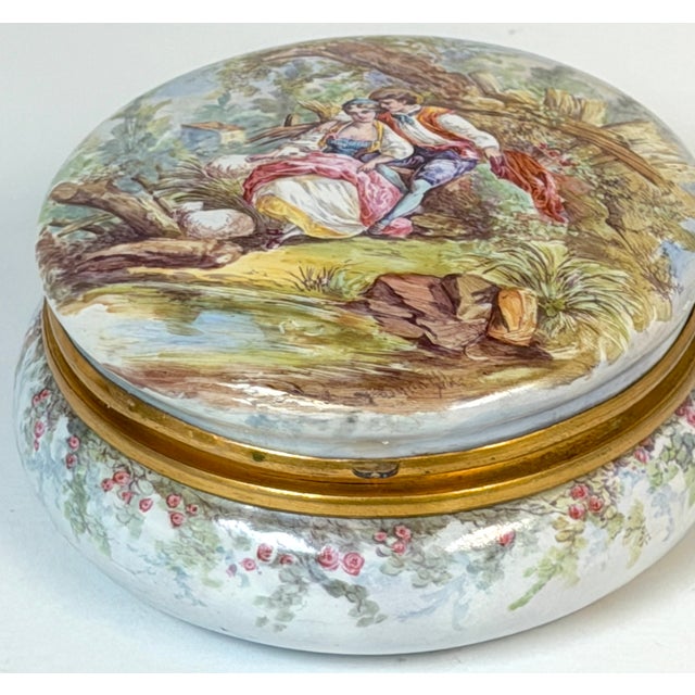 19th Century French Limoges Enamel Dresser Box with Rococo Pastoral Scenes For Sale - Image 4 of 13