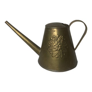 Mid 20th Century Brass Conical Watering Can With Long Spout & Floral Relief - Made in India For Sale