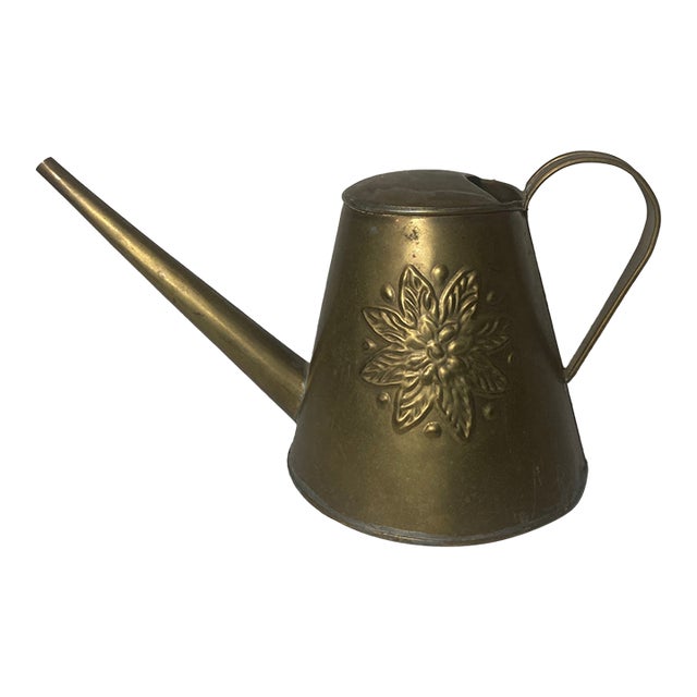 Mid 20th Century Brass Conical Watering Can With Long Spout & Floral Relief - Made in India For Sale