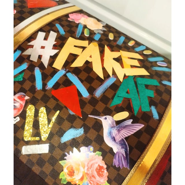 Custom Made One of a Kind Mixed Media Art Covered Faux Leather Checkered Large Storage Trunk Art For Sale - Image 9 of 11