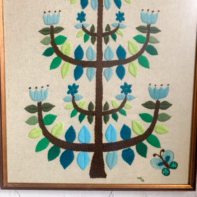 Mid 20th Century Large Vintage Blue Tulip Tree of Life Crewel Embroidery Bird Butterfly MCM Danish Modern For Sale - Image 5 of 8