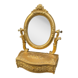 Early 20th Century Ornate Antique Victorian Gilt Painted Vanity Dresser Top Mirror With Drawer