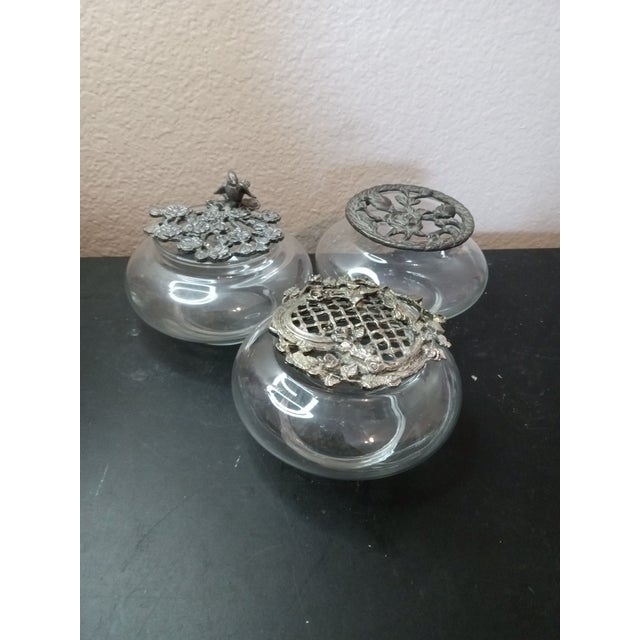 Transparent Gorgeous Trio of Potpourri Squat Vases With Filigree Pewter Lids. For Sale - Image 8 of 8