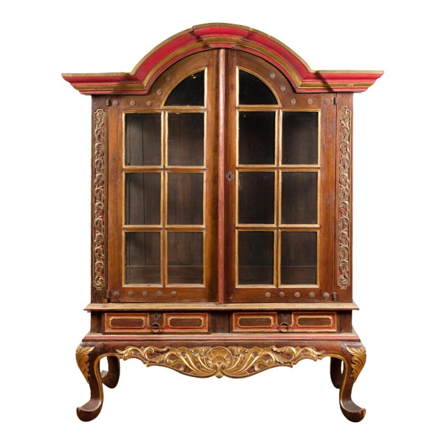 Dutch Colonial Early 20th Century Bonnet Top Gilded Cabinet with Glass Doors For Sale