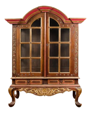 Dutch Colonial Early 20th Century Bonnet Top Gilded Cabinet with Glass Doors
