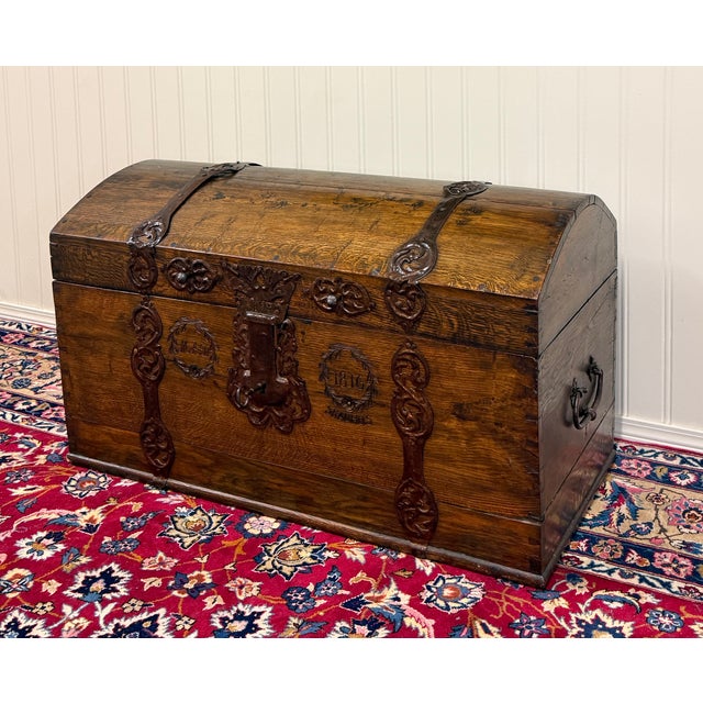 Rustic European Antique Danish Dome Top Trunk Chest Blanket Box Storage Coffer Oak Mid 19th C For Sale - Image 3 of 18