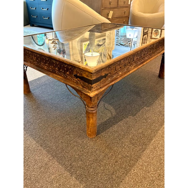 Metal Antique Indian Wood & Iron Carved Door Cocktail Table. For Sale - Image 7 of 8
