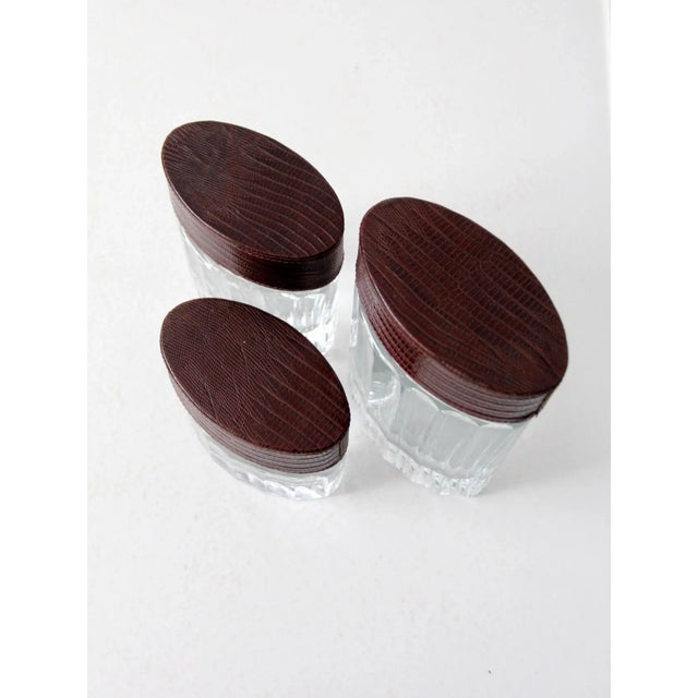 Late 20th Century Vintage Glass Jars With Leather Lids Set of 3 For Sale - Image 5 of 13