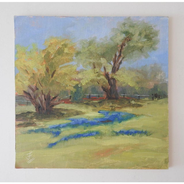 Small late 20th century impressionist oil on masonite bluebonnet landscape painting. Signed illegibly lower left corner....