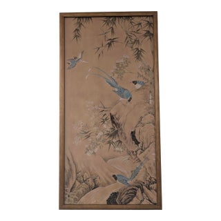 Large Chinoiserie Style Hand-Painted Panel on Wood With Birds & Bamboo For Sale