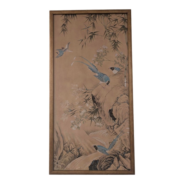 Large Chinoiserie Style Hand-Painted Panel on Wood With Birds & Bamboo For Sale
