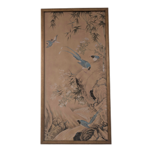Large Chinoiserie Style Hand-Painted Panel on Wood With Birds & Bamboo