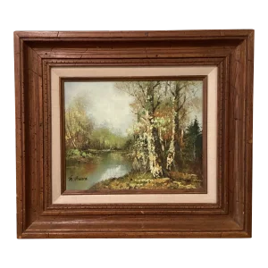 Mid 20th Century Painting on Canvas Landscape Framed River Fall Trees Signed M.Howard