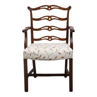 Vintage Antique Solid Mahogany Traditional Duncan Phyfe Style Ladderback Dining Arm Chair For Sale