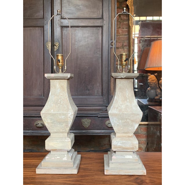 A lovely pair of wood baluster table lamps hand-crafted in France in the 1920s. They have aged well over the years,...