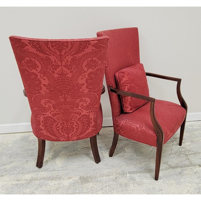 American Hickory Chair James River Fisk Federal Style Mahogany Lolling Armchairs in Raspberry Rose Silk Damask - Pair For Sale - Image 3 of 8