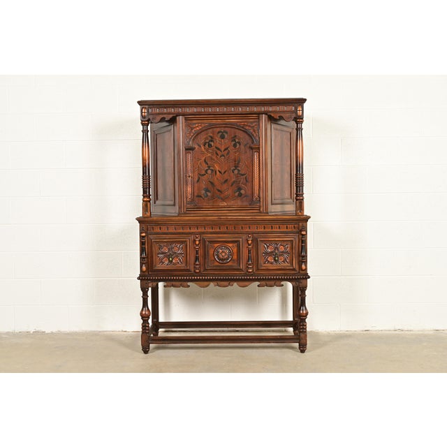 Berkey & Gay Antique English Tudor Carved Walnut and Burl Wood Bookcase or Bar Cabinet, Circa 1920s For Sale - Image 17 of 17