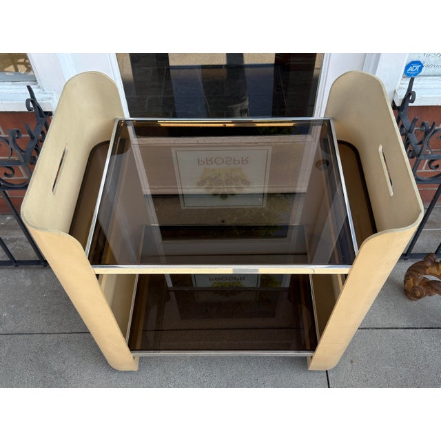 1980s Karl Springer Style Lizard Skin Leather Class Cocktail Bar Cart For Sale - Image 9 of 11