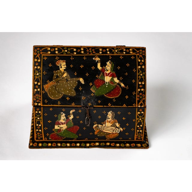 Vintage Rajasthani Indian Hand Painted Wood Jewelry Dowry Box For Sale In Jacksonville, FL - Image 6 of 13