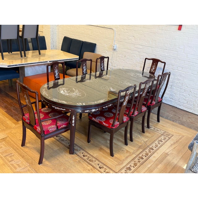 Vintage Qing Style Rosewood Dining Table + Chairs With Mother of Pearl Inlays, Set For Sale In San Francisco - Image 6 of 12