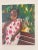Oil on canvas painting depicting a young Tahitian woman dressed in a white and red floral pareo. Sitting on a bench, in...
