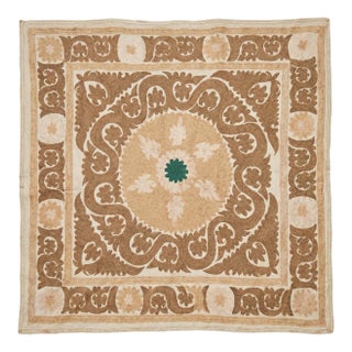 Suzani Embroidered Wall Hanging - Neutral Tan Asian Embroidery 4'2'' X 4'5'' For Sale
