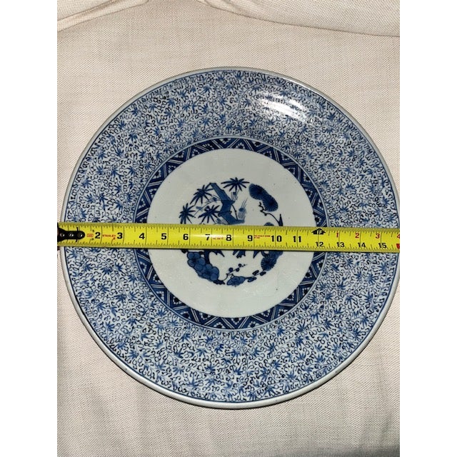 Antique 16" Blue and White Plate With Detailed and Intricate Hand Painting Pine and Plum Design For Sale - Image 4 of 18