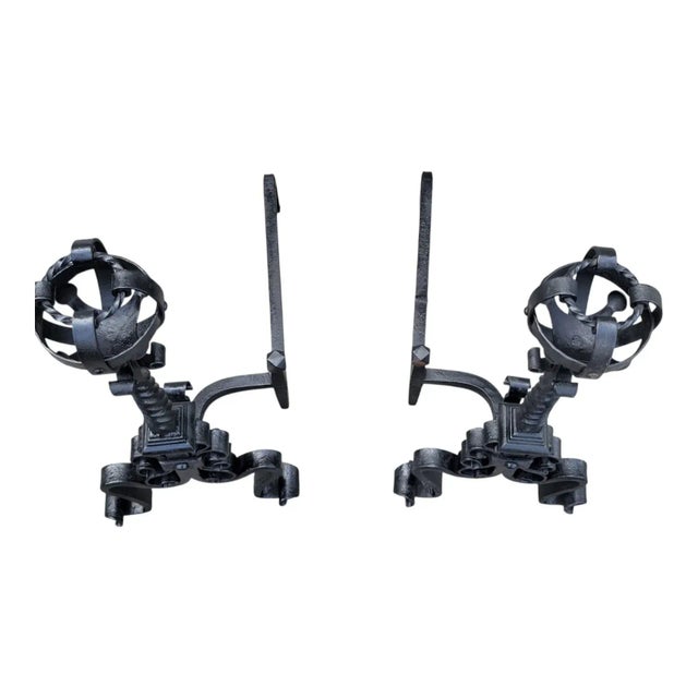 Metal Pair of 1920s Wrought Iron Andirons Arts & Crafts Fireplace Antique For Sale - Image 7 of 14