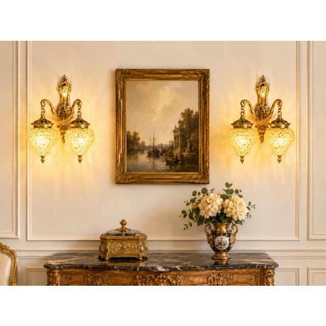French 1980s French Louis XVI Gold Bronze Crystal Wall Lamps-Sconces-Pair For Sale - Image 3 of 17