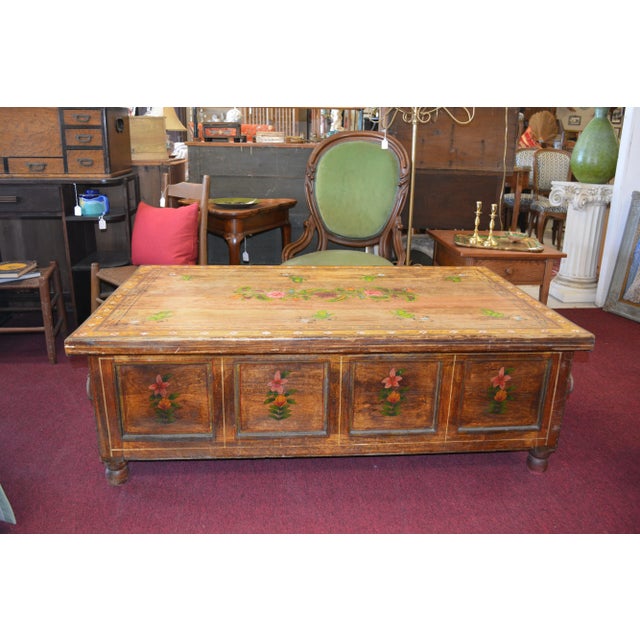 1980s Hand Painted Color Florals Large Wooden Trunk Box / Coffee Table W/Iron Rings For Sale - Image 13 of 13