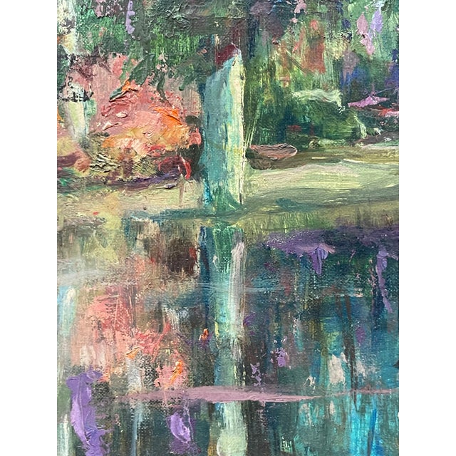 This tranquil forest lake scene, characterized by vibrant, layered brushstrokes that create a sense of light and movement....