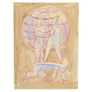 Mino Maccari, Mightiest on Earth, Watercolor, 1960s For Sale