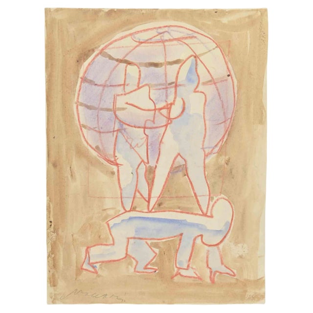 Mino Maccari, Mightiest on Earth, Watercolor, 1960s For Sale