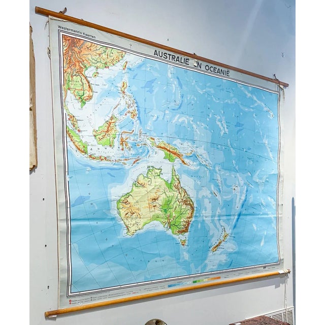 Mid-Century Modern Mid-Century Dutch Topographical Wall Map of Australia and Oceania on Linen For Sale - Image 3 of 13