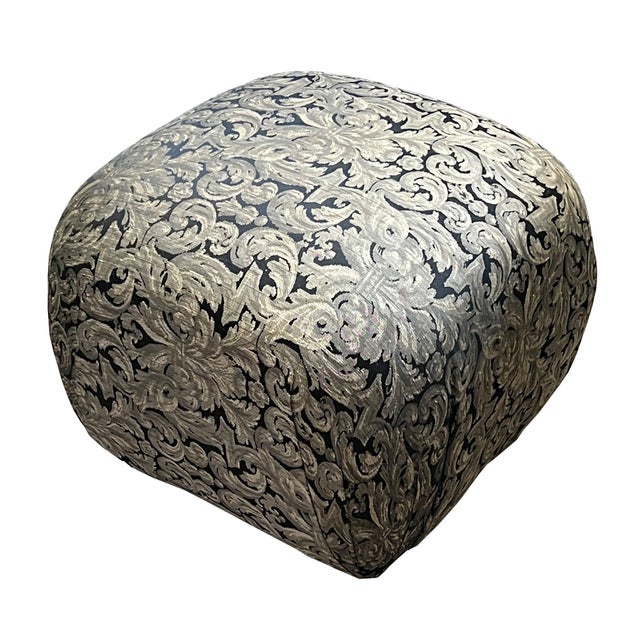 Mid-Century Modern Mid 20th Century Damask Pouf Ottoman in Silver & Black For Sale - Image 3 of 9