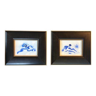 Two Contemporary Original Abstract Landscape Blue Ink Watercolor Paintings - Set of Two For Sale