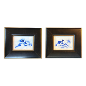 Two Contemporary Original Abstract Landscape Blue Ink Watercolor Paintings - Set of Two