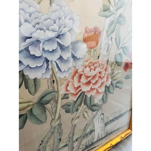 Framed De Gournay Bird & Peony Chinoiserie Painting in Gilt Bamboo Frame For Sale In New York - Image 6 of 7