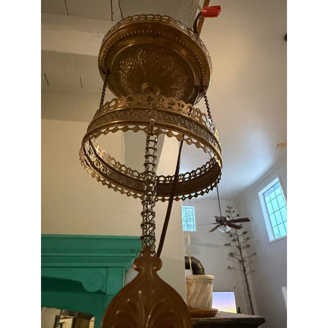 Antique Victorian Floral Painted Glass & Brass Hanging Chandelier With Crystal Prisms For Sale - Image 10 of 16